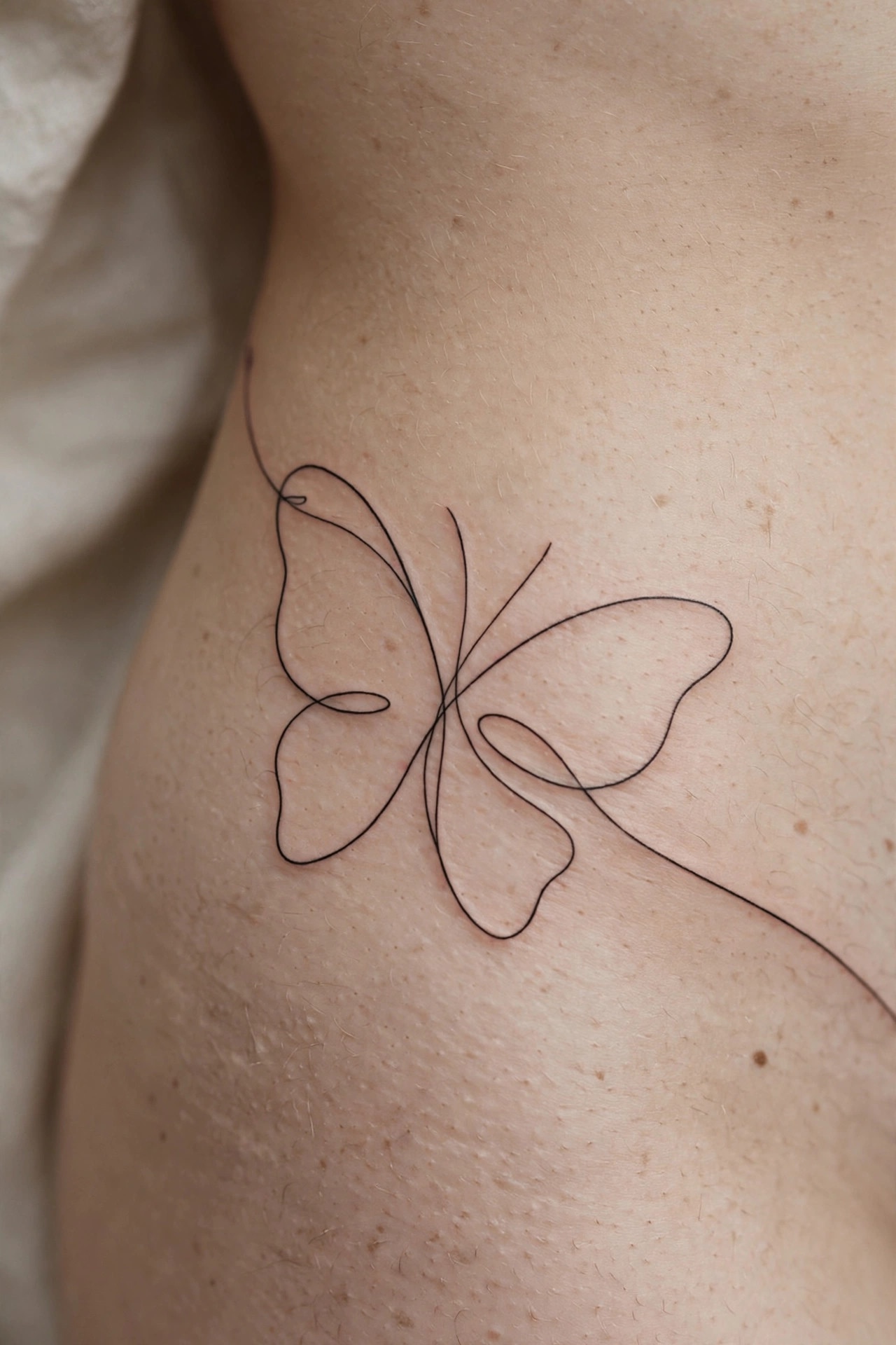 Minimalist single-line butterfly waist tattoo following the waist curve