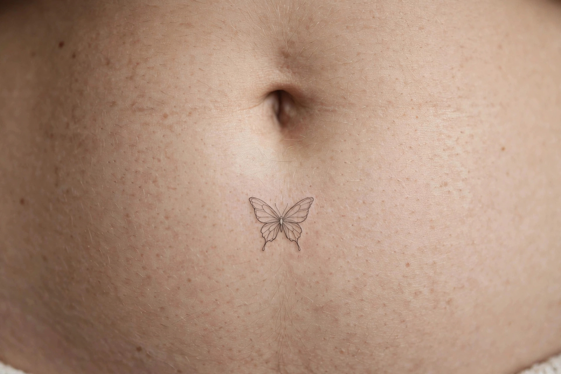 Tiny butterfly tattoo below the navel, fine-line minimalist outline