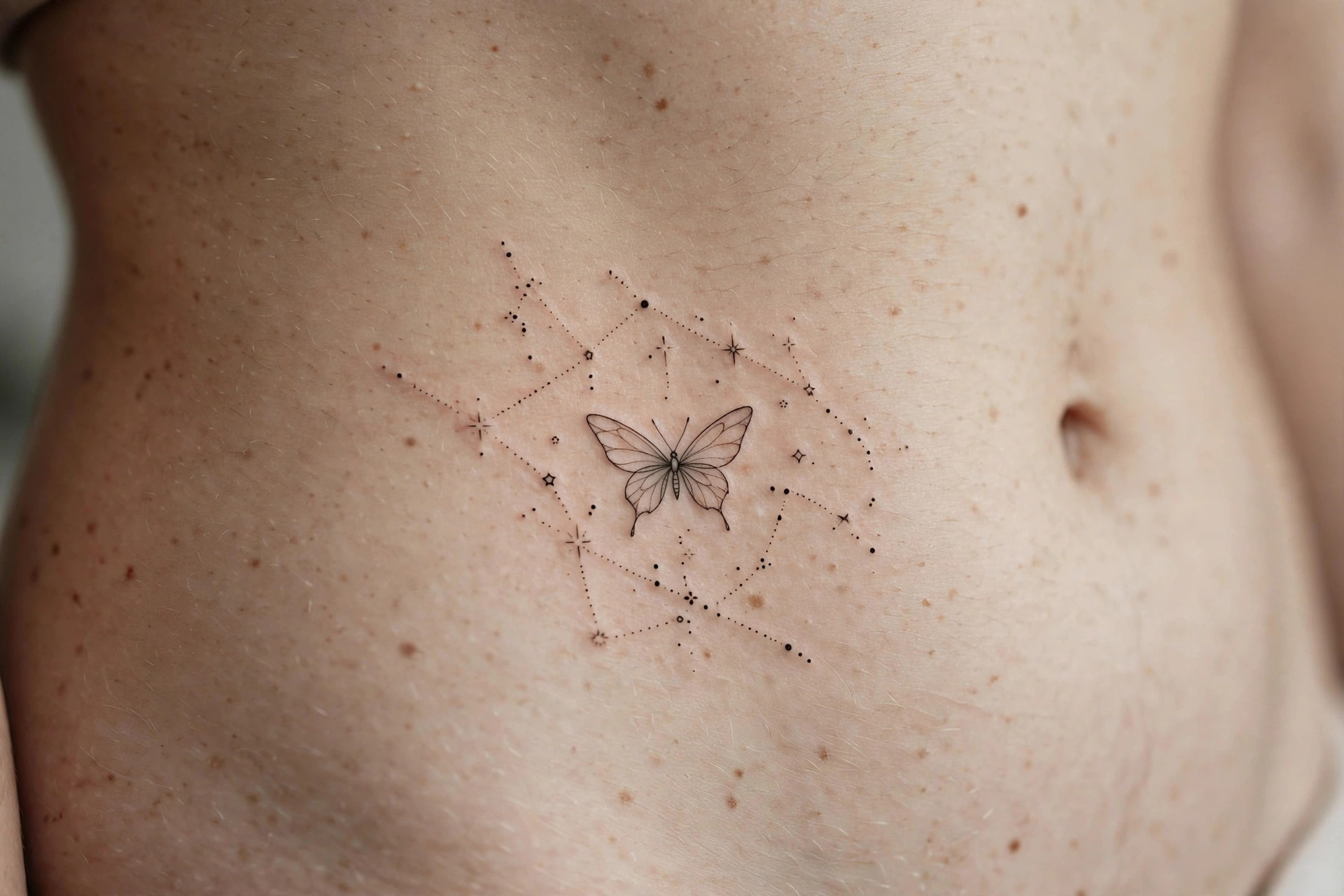 Minimalist butterfly tattoo with tiny star accents on waist