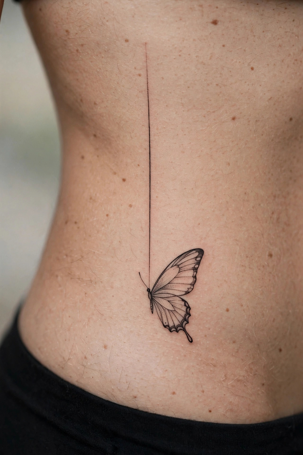 Minimalist butterfly side waist tattoo with vertical wing line