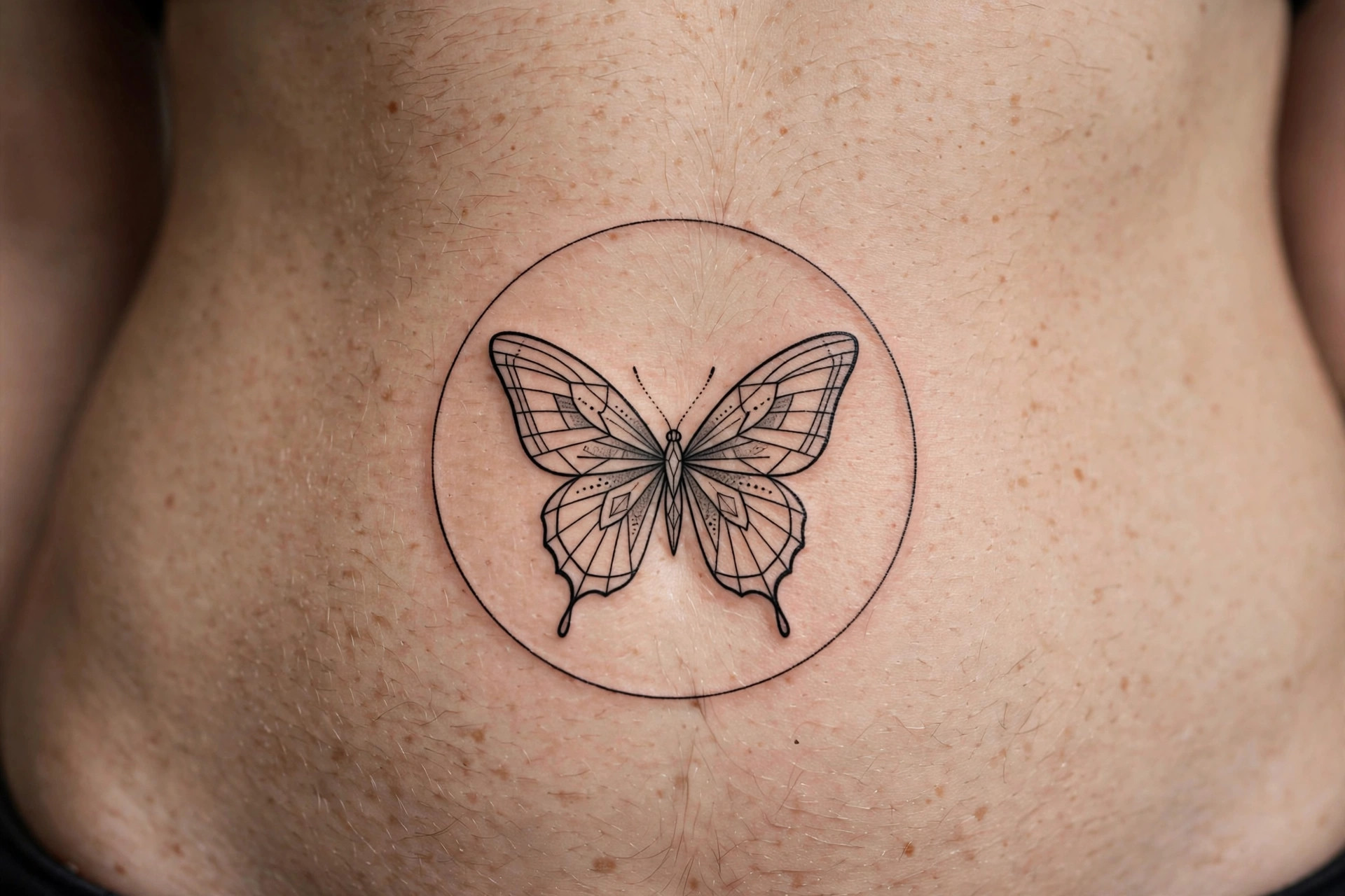 Minimalist butterfly tattoo inside thin circle, waist placement