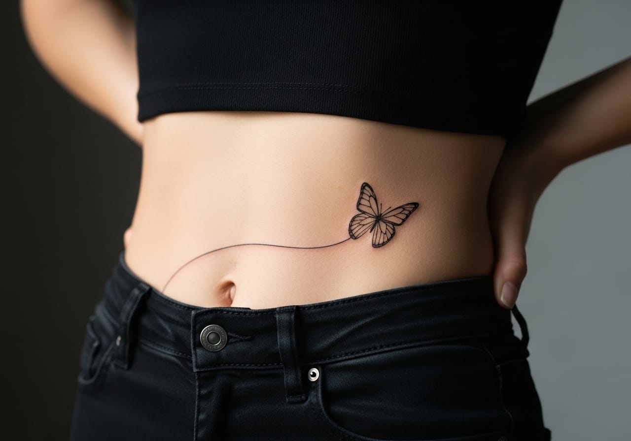 photo of a woman’s elegant waist featuring a minimalist fine-line butterfly tattoo curving gracefully along her waistline, black ink, soft natural daylight, smooth natural skin tone, neutral background, shallow depth of field, artistic composition, luxury lifestyle photography aesthetic — representing transformation, femininity, and elegance.