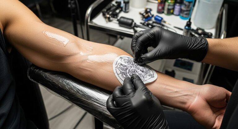 Tattoo artist applying stencil to arm