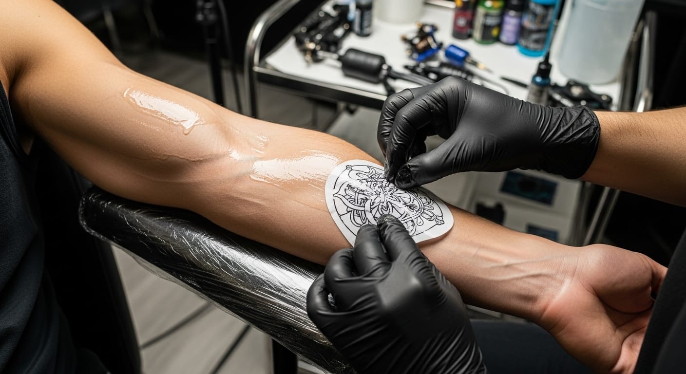 Tattoo artist applying stencil to arm