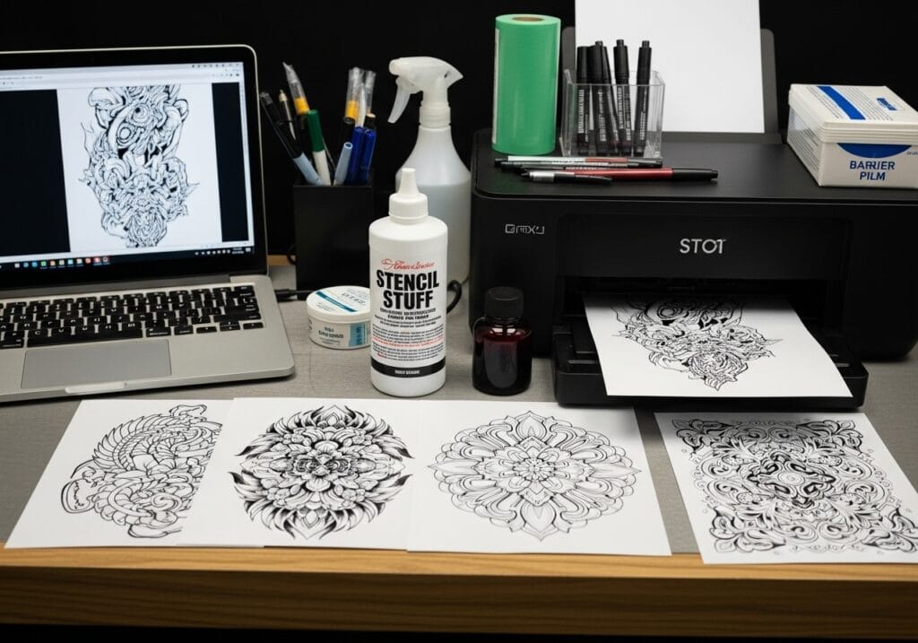Tattoo stencil supplies laid out on a clean workstation.