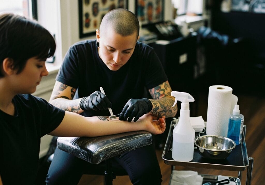 Tattoo artist cleaning and shaving a client’s forearm before applying stencil.