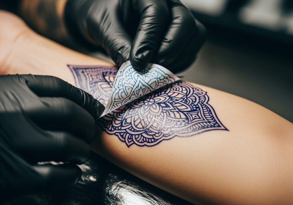 Tattoo stencil being applied and peeled back on a clean forearm.