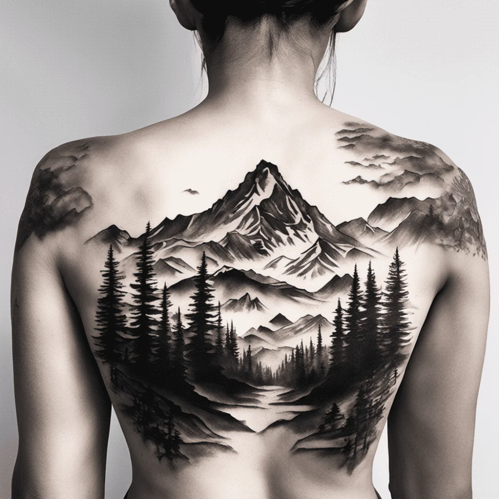 Starry Mountain Back Tattoo