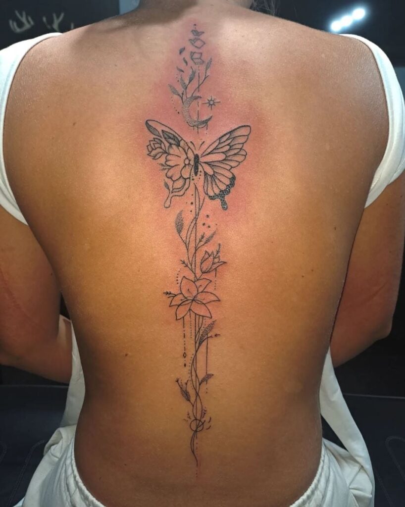 Butterfly and Florals with Celestial Accents Tattoo Spine Tattoos for Women