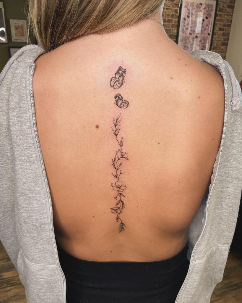 Delicate Butterfly and Floral Spine Tattoo Spine Tattoos for Women