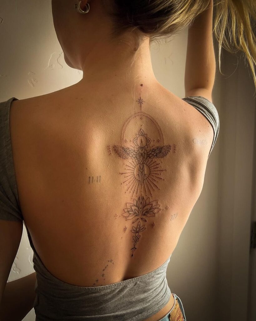 Mystical Wings and Lotus Tattoo Spine Tattoos for Women