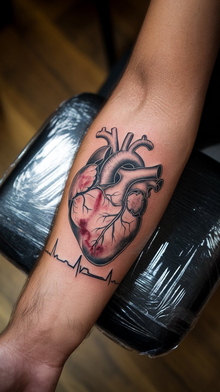 Anatomical Heart with Trailing EKG Tattoo with detailed cardiovascular chambers