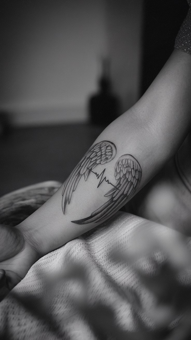 Heartbeat Flanked by Angel Wings Tattoo on inner forearm with feathery shading