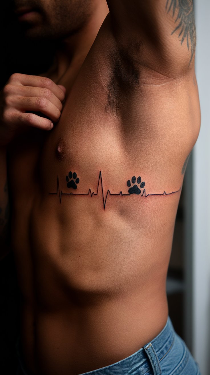 Dual Paw Prints on Ribcage Pulse Tattoo on side torso with bold black paws