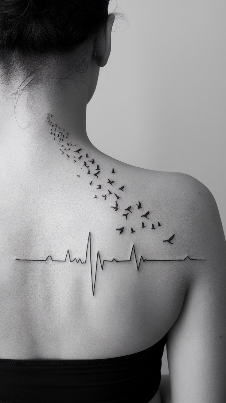 Heartbeat Transforming into Birds in Flight Tattoo on forearm with soaring bird silhouettes