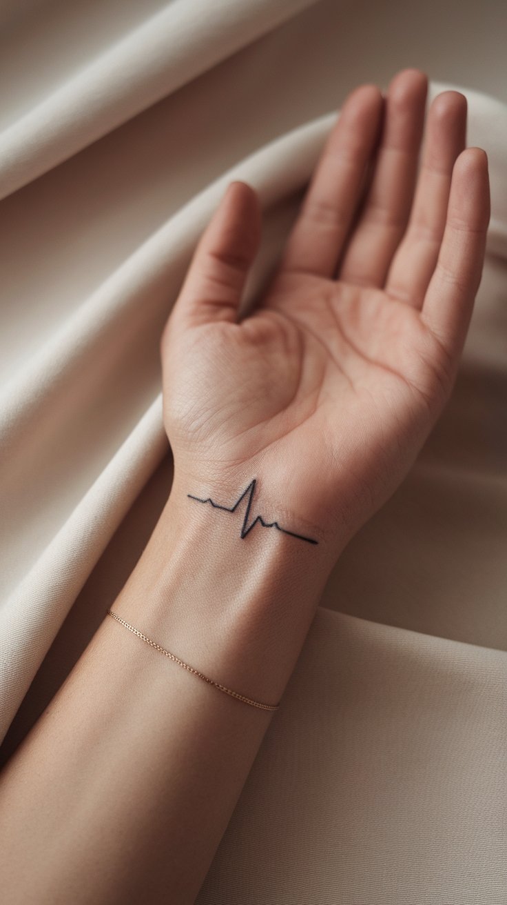 Minimalist Single Line Wrist Pulse Tattoo on inner wrist with fine line detailing