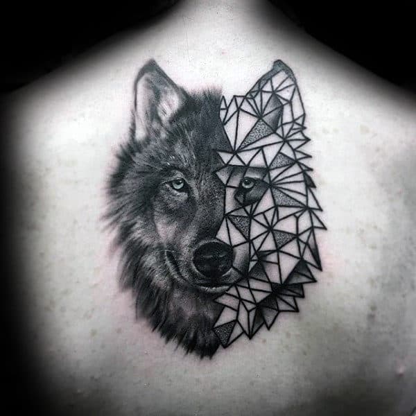 Geometric Wolf Head with Cityscape Tattoo Wolf Tattoo Design Ideas