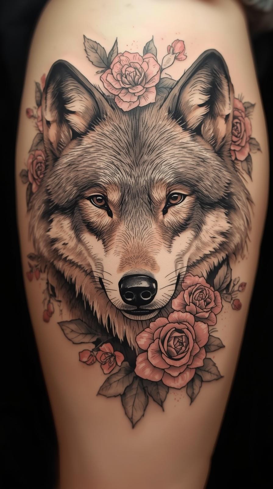 Wolf with Floral Accents Tattoo Wolf Tattoo Design Ideas
