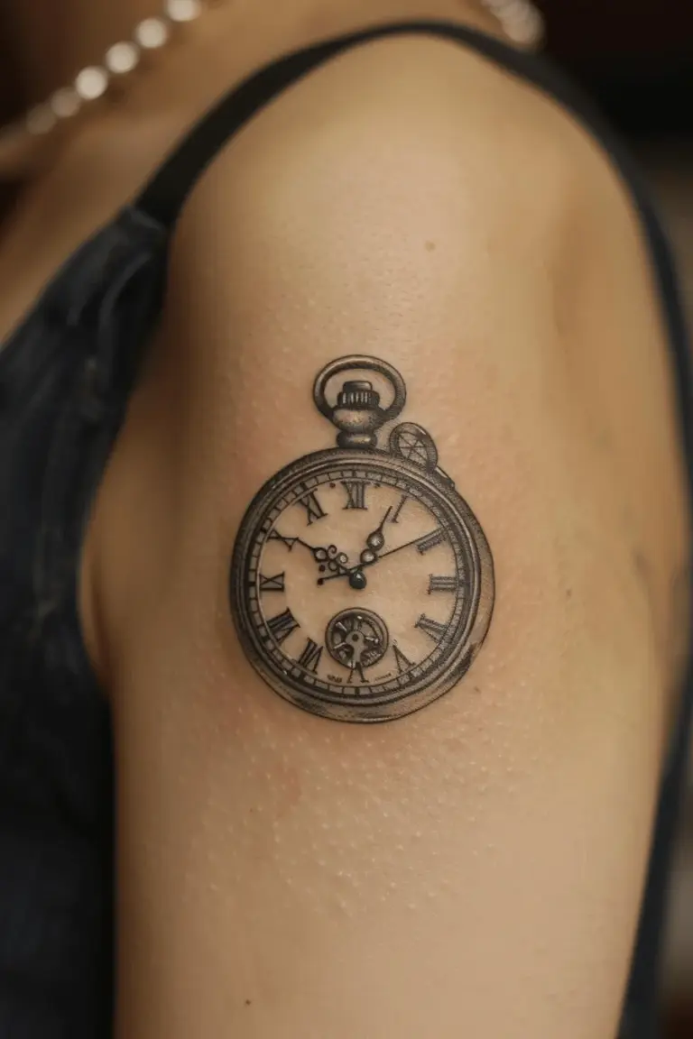 Classic Pocket Watch Upper Arm Tattoo Alice in Wonderland Tattoo