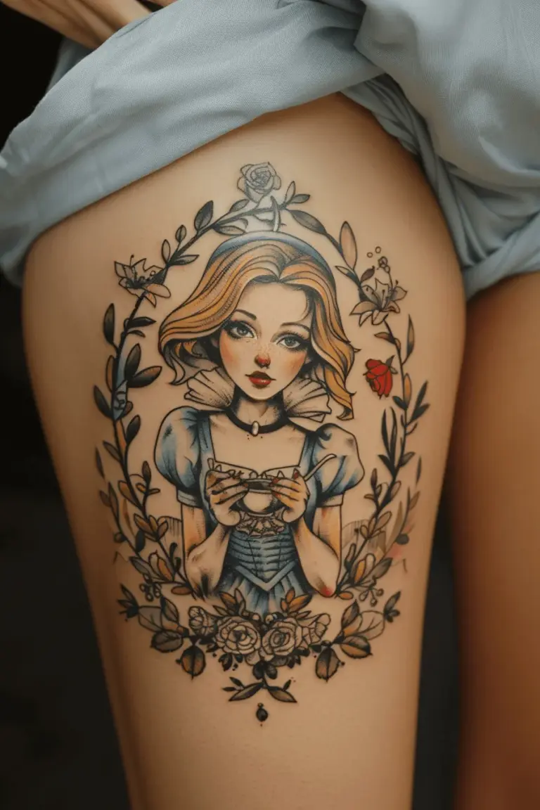 Enchanted Alice Portrait Thigh Tattoo Alice in Wonderland Tattoo