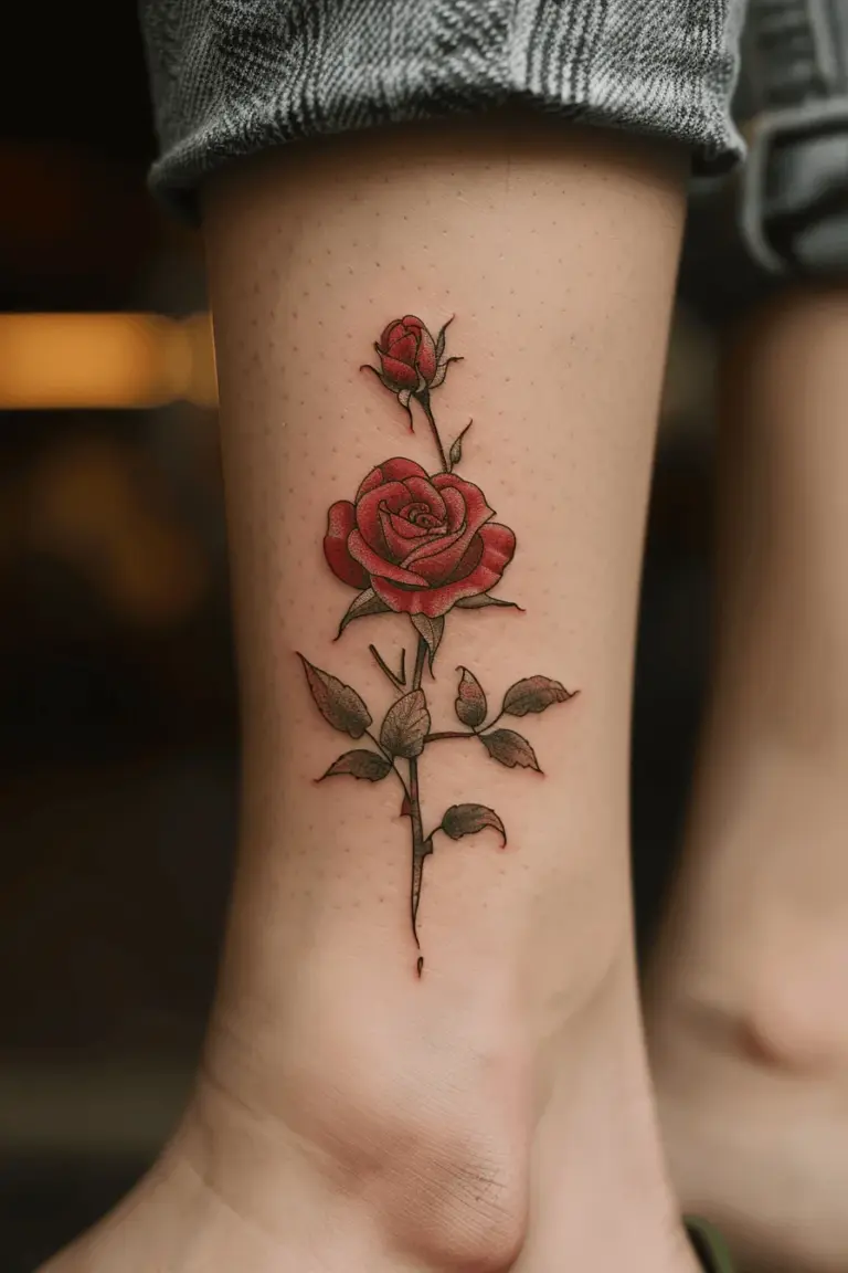 Vibrant Red Rose Ankle Tattoo Alice in Wonderland Tattoo