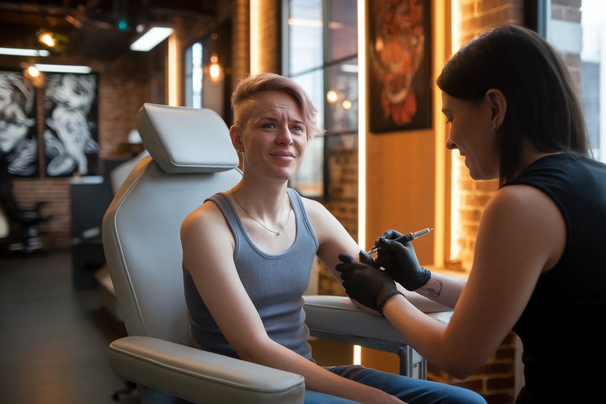 A young person in their mid-20s sitting in a modern, clean tattoo studio chair, looking calm and excited with a genuine smile, mixed expression of nervousness and anticipation. Female tattoo artist wearing black nitrile gloves preparing to start a small forearm tattoo. Warm, inviting studio lighting with exposed brick walls and tattoo flash art visible in soft focus background. Client wearing a comfortable tank top, relaxed posture. Photorealistic style, cinematic composition, natural colors, professional photography aesthetic. Shot from a slight angle showing both the client's face (expressing calm confidence) and the artist's focused preparation. Atmosphere should feel welcoming, safe, and professional, not intimidating. Natural window light mixed with warm studio lighting. 8K, high detail, documentary photography style.