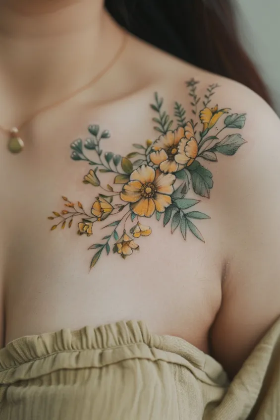 Delicate Fine Line Rose Collarbone Tattoo Small Chest Tattoos
