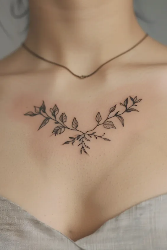 Organic Vine & Flowing Leaf Arc Tattoo Small Chest Tattoos