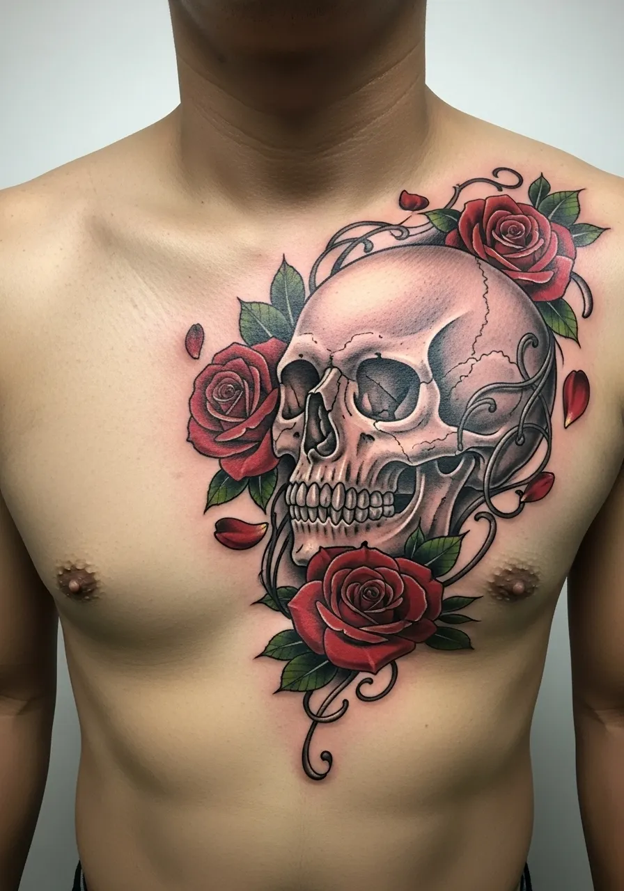 Skull and Roses Chest Tattoo Black and Grey Realism Tattoos