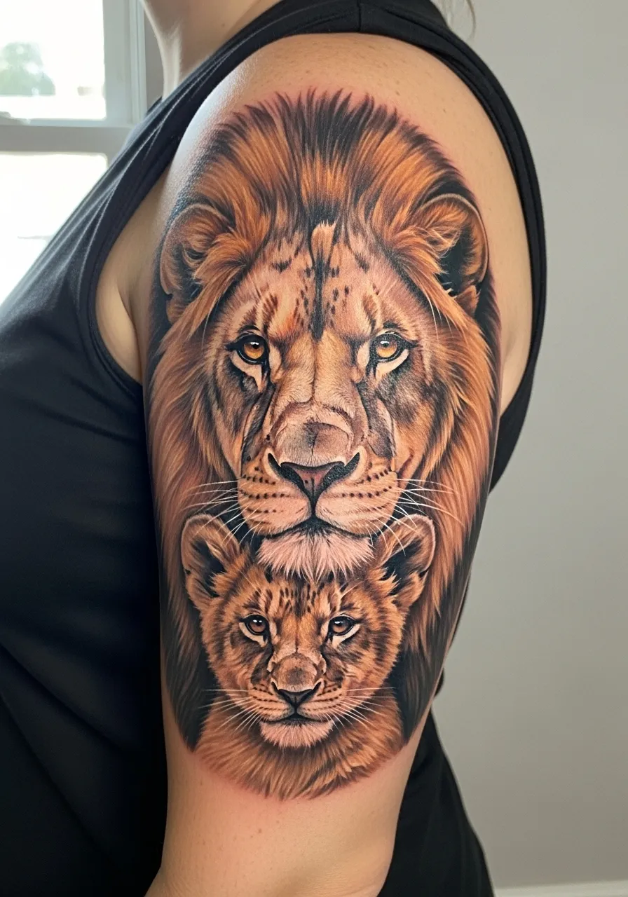 Lion and Cub Shoulder Warmth Tattoo Realism Tattoo Designs