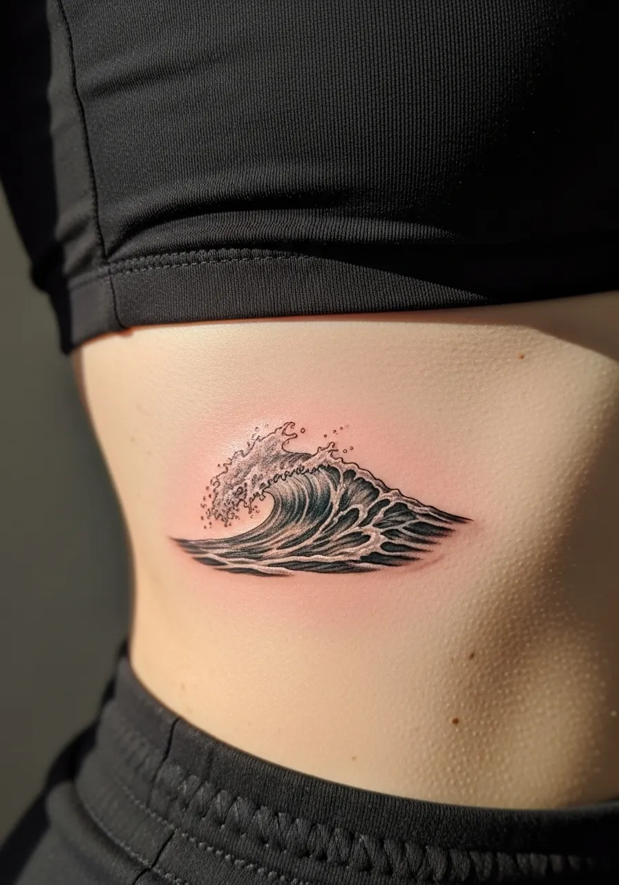 Realistic ocean wave tattoo on ribcage with black and gray shading and white highlights