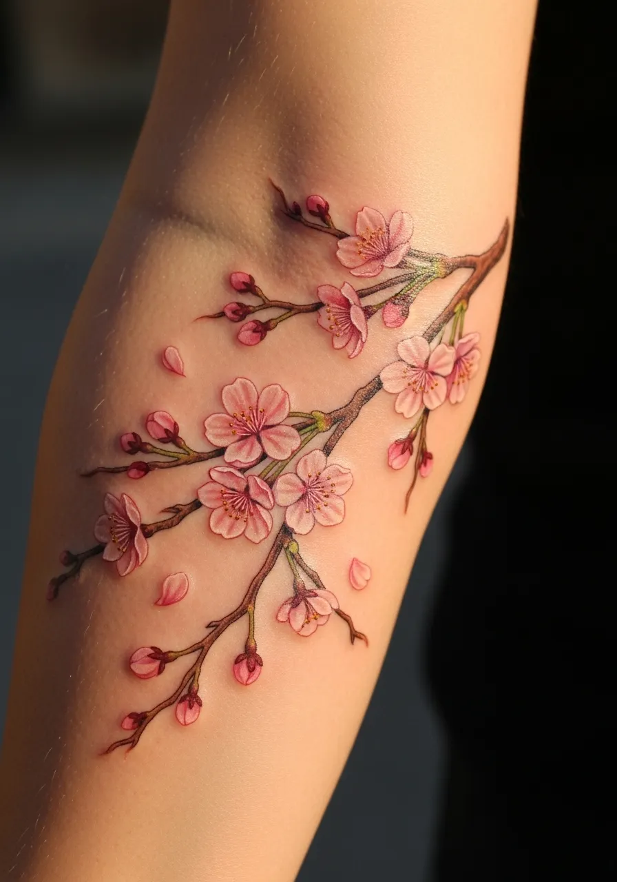 Small realistic cherry blossom tattoo on forearm with pink petals and brown branches