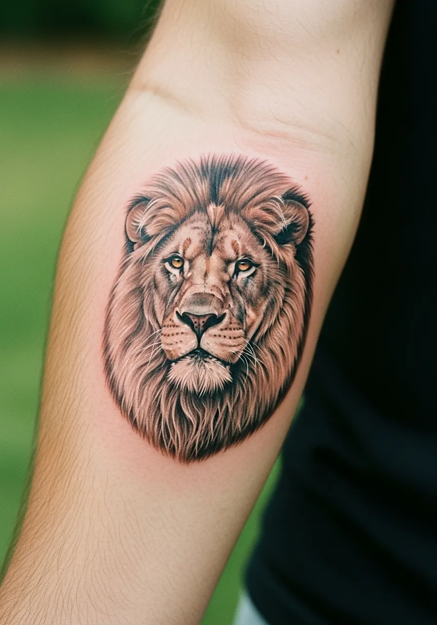 Realistic lion head tattoo on inner arm with detailed mane and piercing eyes