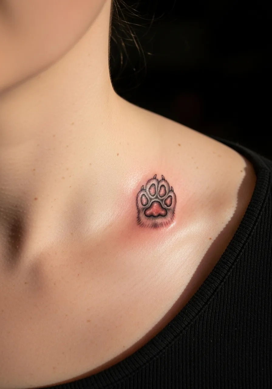 Small realistic paw print tattoo above collarbone with soft shading and texture