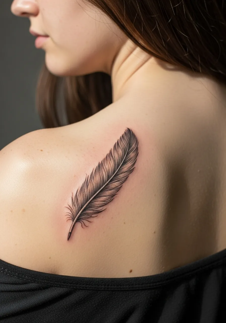 Realistic feather tattoo on shoulder blade with detailed barbs and soft gradient shading