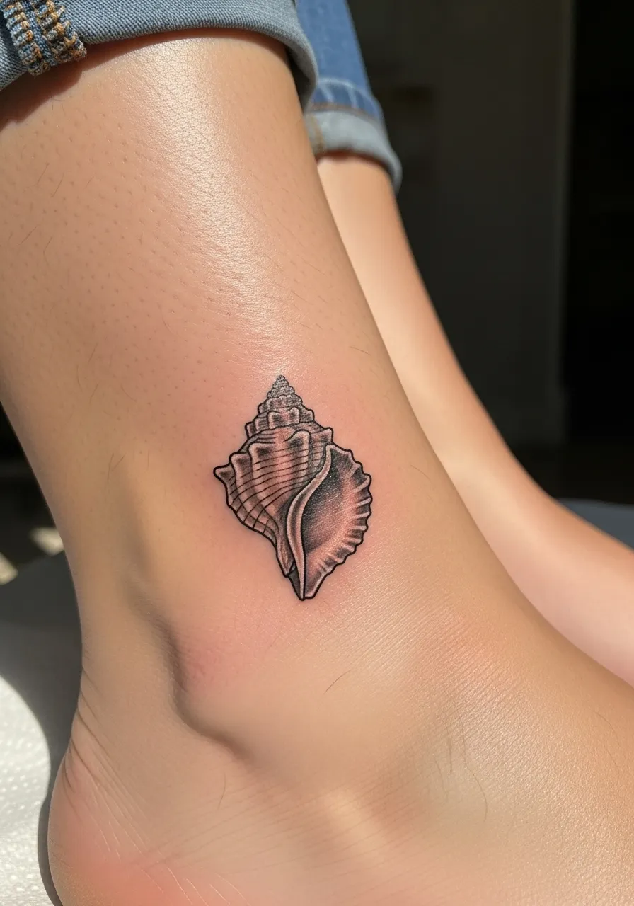 Small realistic seashell tattoo by ankle with visible ridges and natural shading