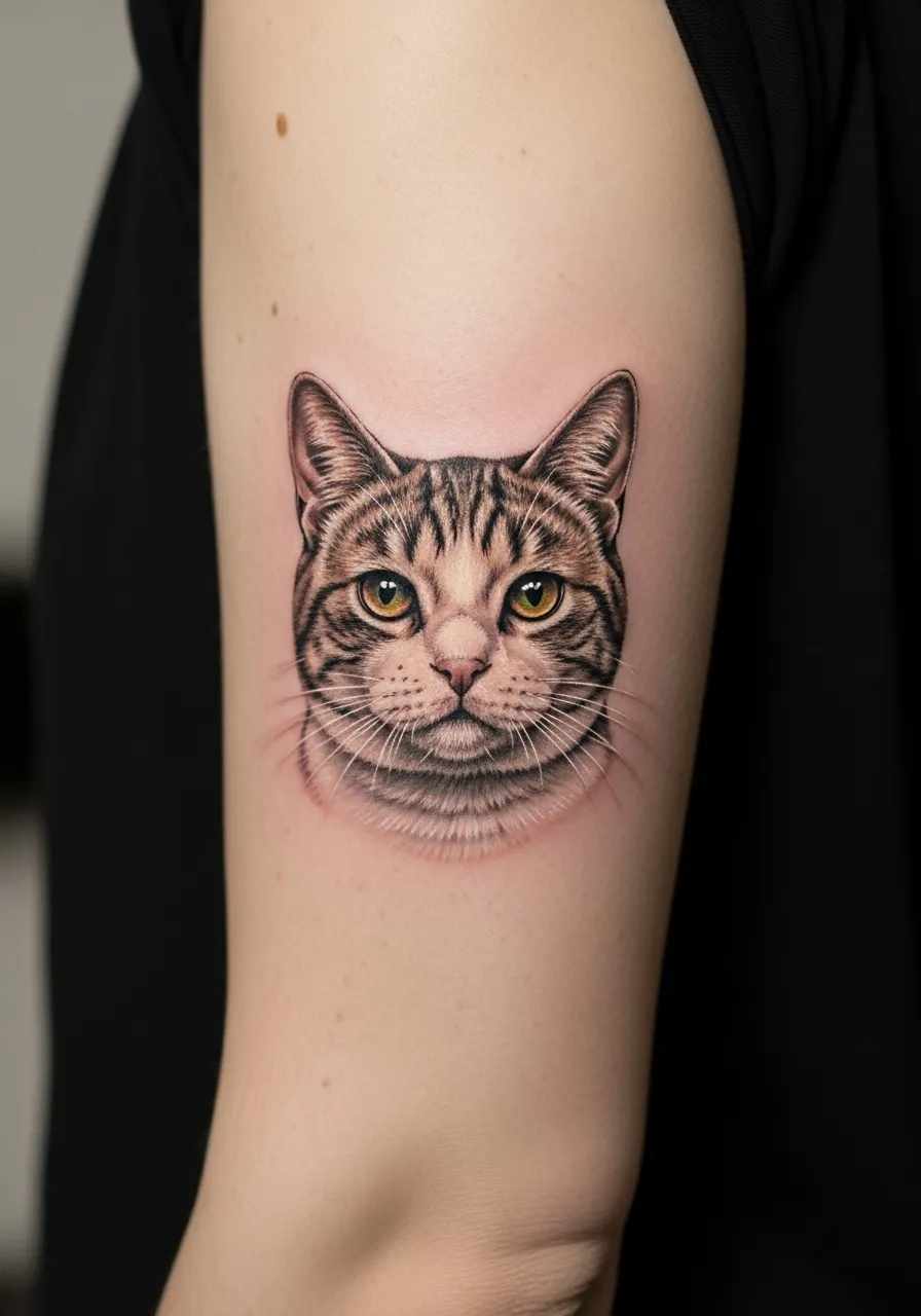 Small realistic cat portrait tattoo on arm with detailed whiskers and fur texture