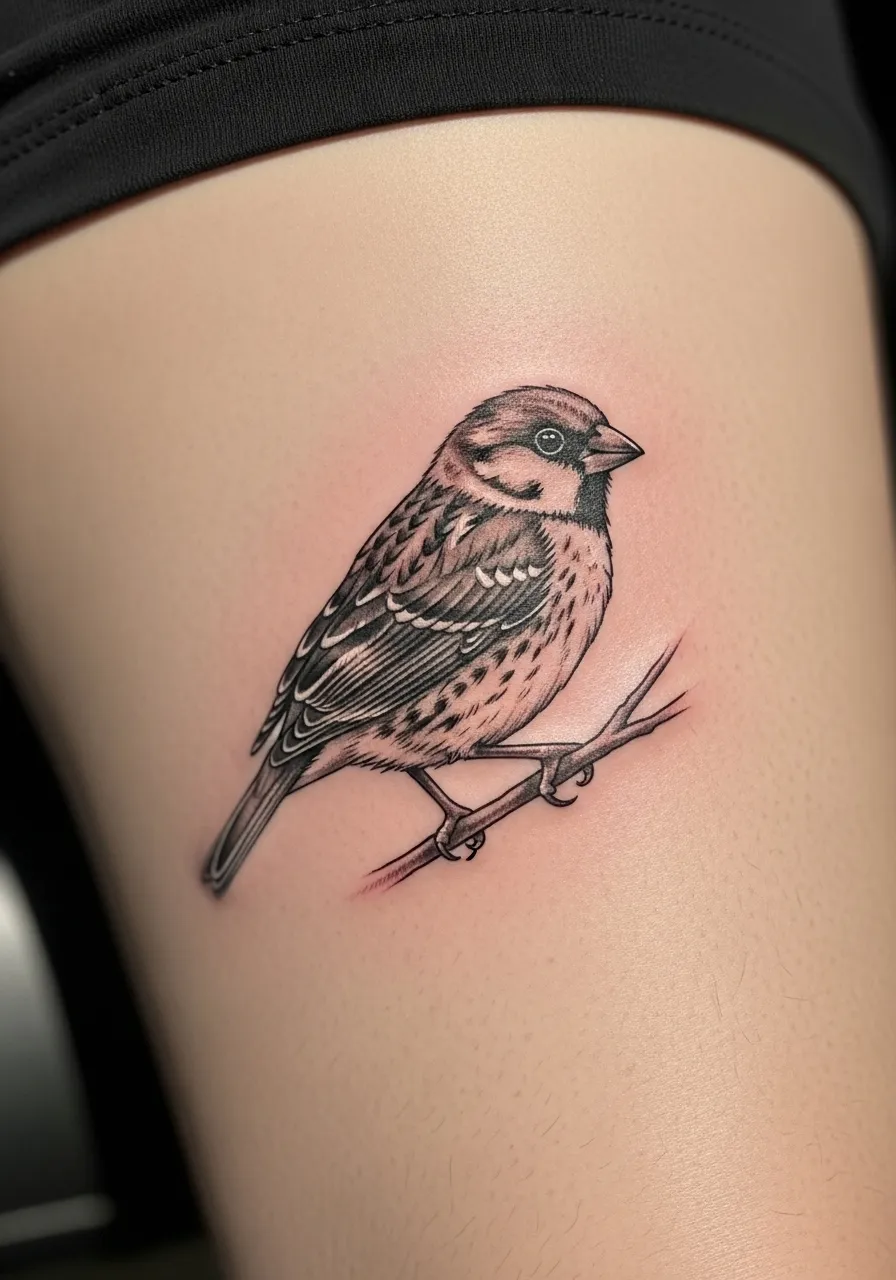 Realistic sparrow tattoo on thigh perched on branch with detailed feathers in black and gray
