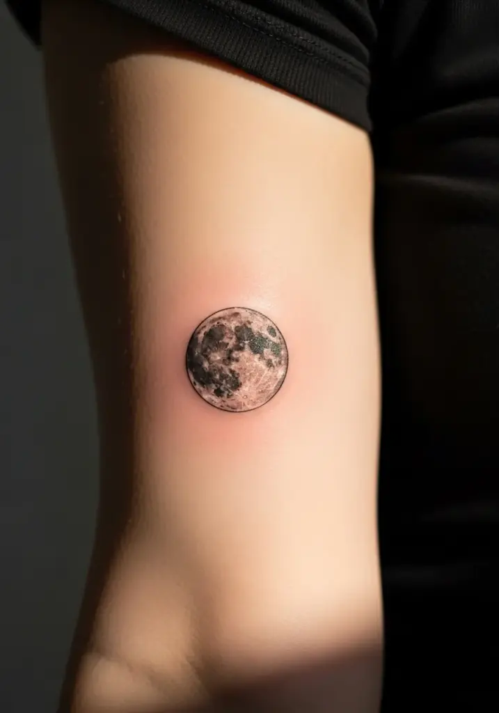 Small Realistic Moon Tattoo On Upper Arm Showing Craters And Lunar Texture In Grayscale