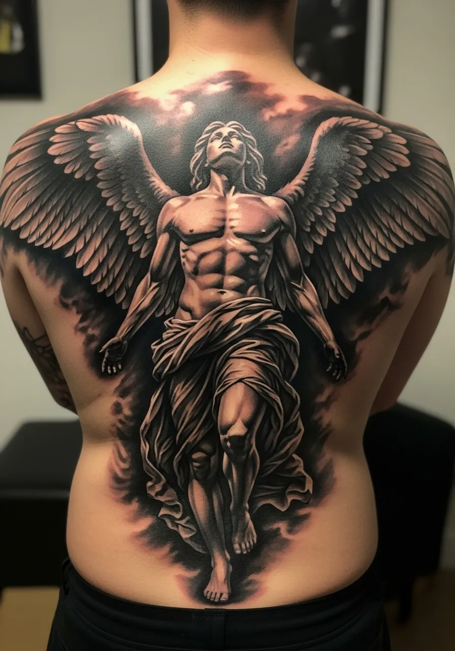 Angelic Grace in Black and Grey Tattoo Half Sleeve Realism Tattoos