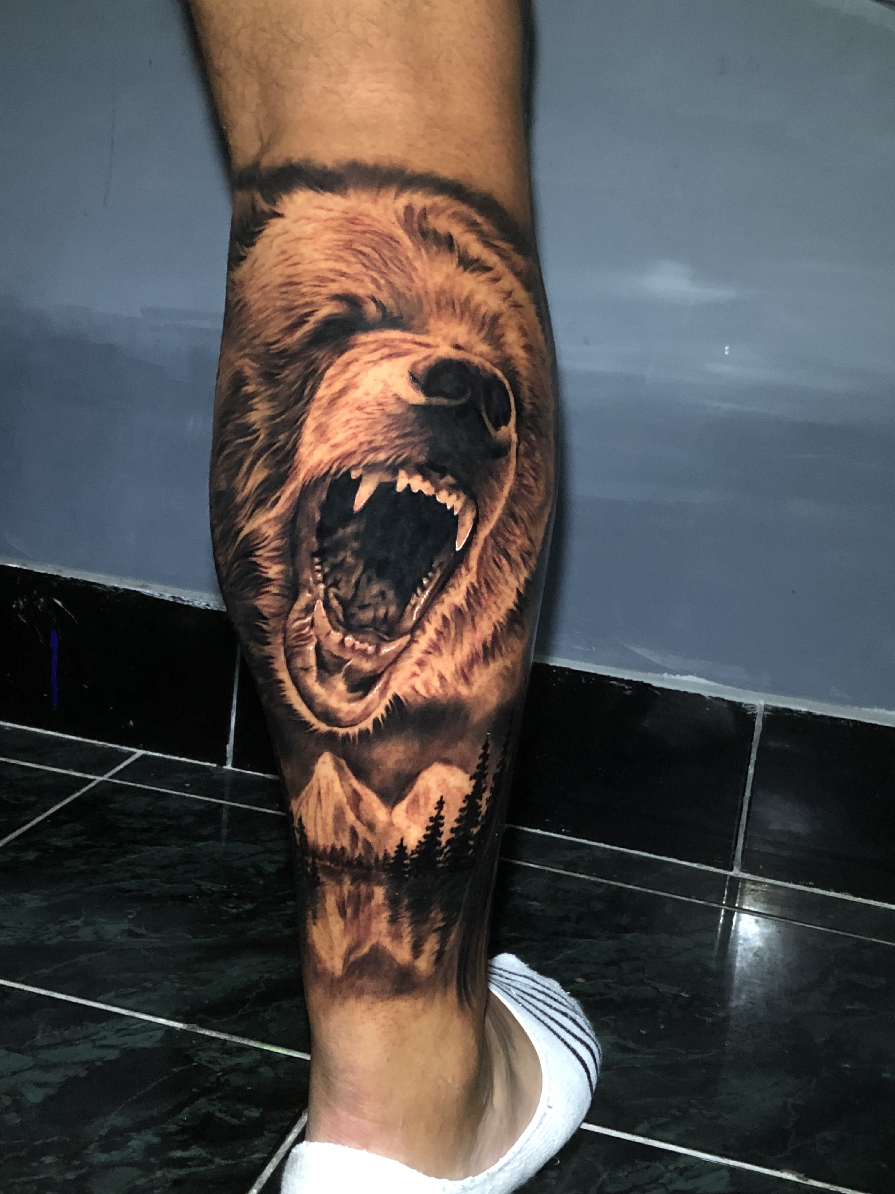 Roaring Bear in the Forest Tattoo Half Sleeve Realism Tattoos