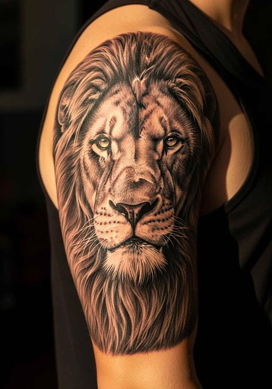 Roaring Lion in the Jungle Tattoo Half Sleeve Realism Tattoos