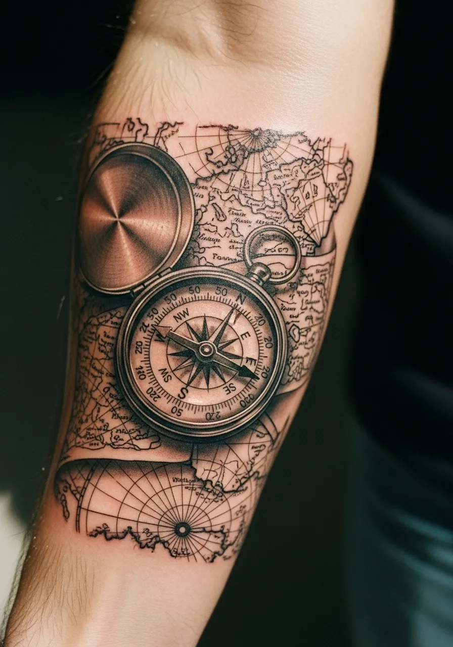 Vintage Compass and Map Design Tattoo Half Sleeve Realism Tattoos