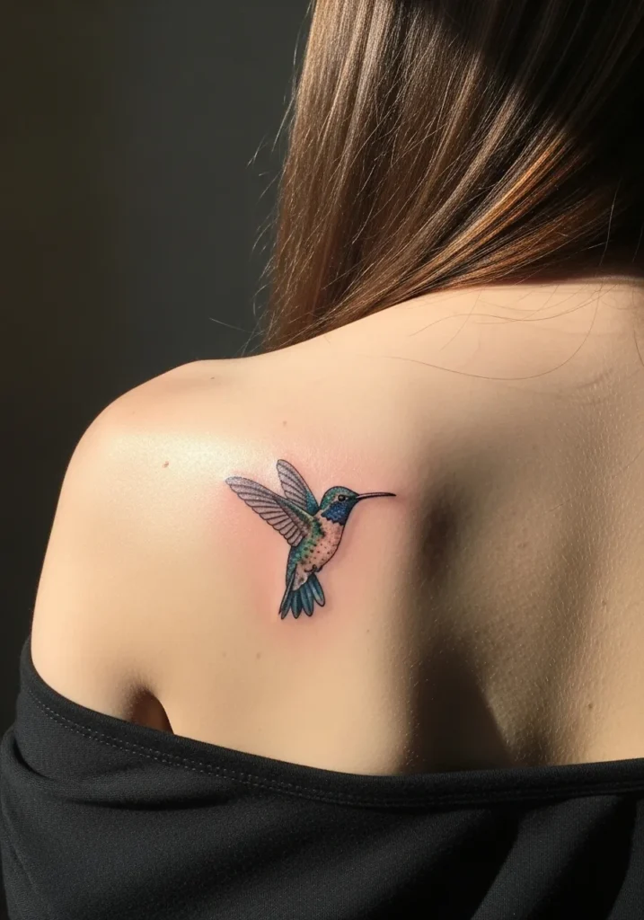 Tiny hummingbird tattoo on upper back