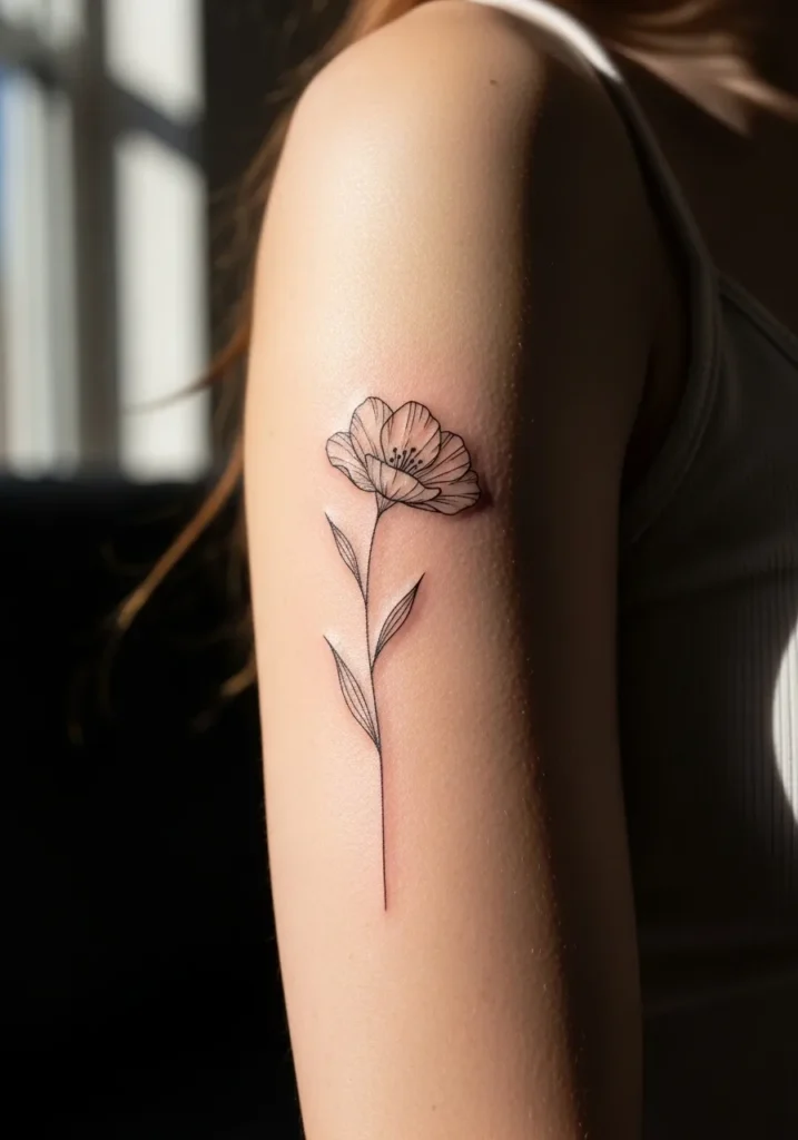 Fine-line flower tattoo on upper arm