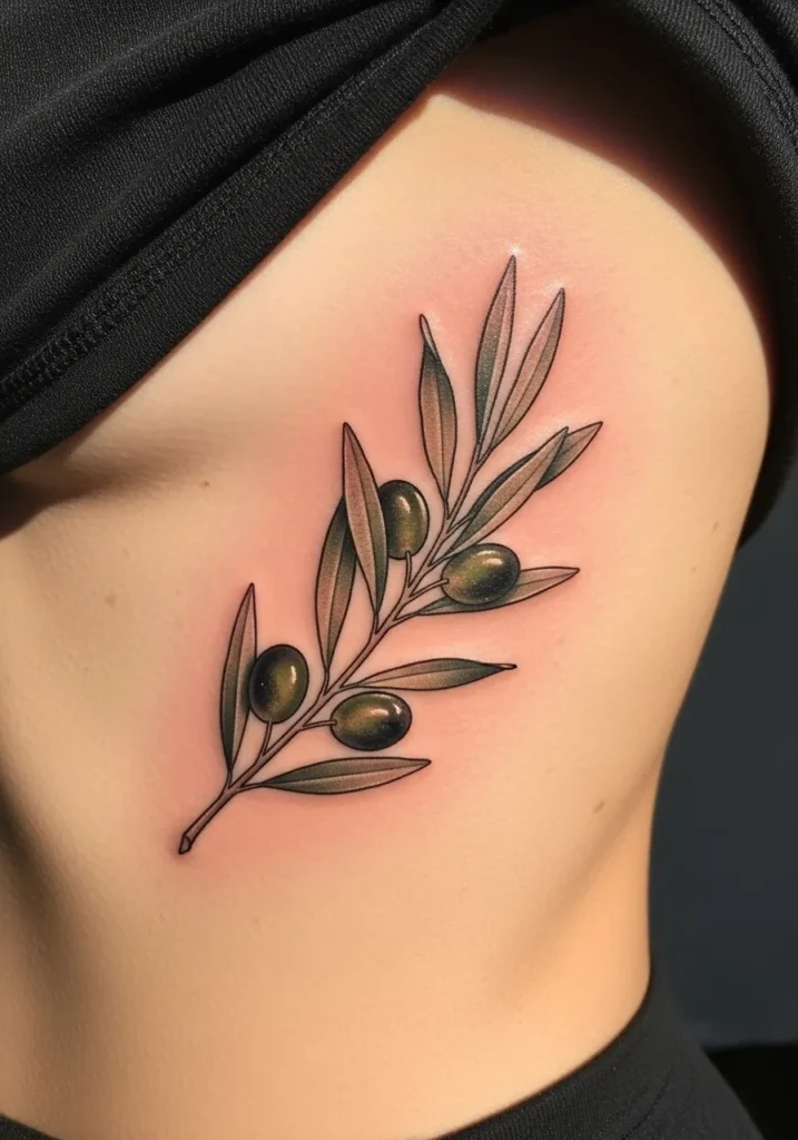 Realistic olive branch minimal realism tattoo along ribcage
