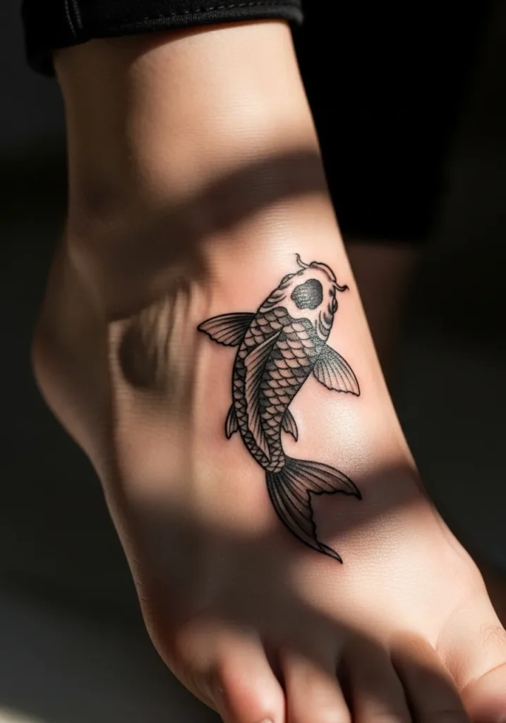 Realistic swimming koi fish tattoo on top of foot