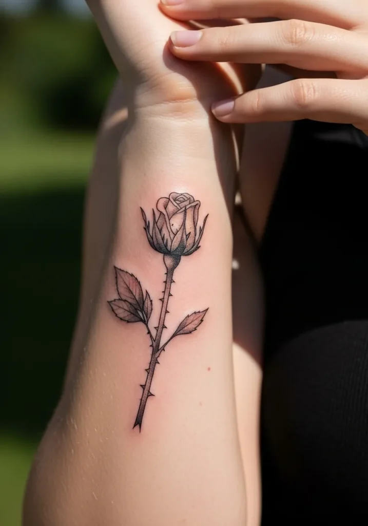 Slender realistic rose tattoo on inner forearm