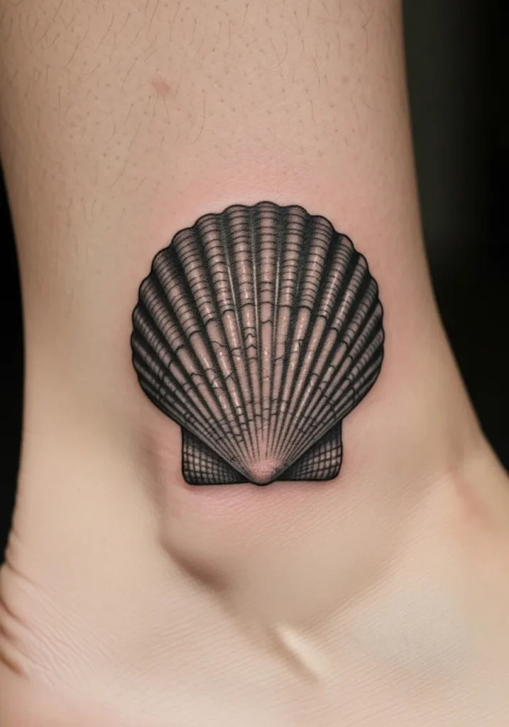 Detailed seashell minimal realism tattoo above ankle