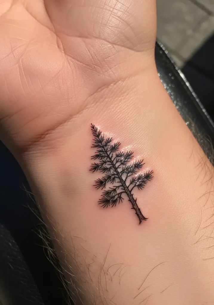 Textured miniature pine tree tattoo on inner wrist